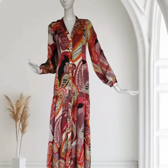 100% Silk Marciano Red Multi Paisley V-Neck Long Sleeve Maxi Dress size 02 - Picture 2 of 9